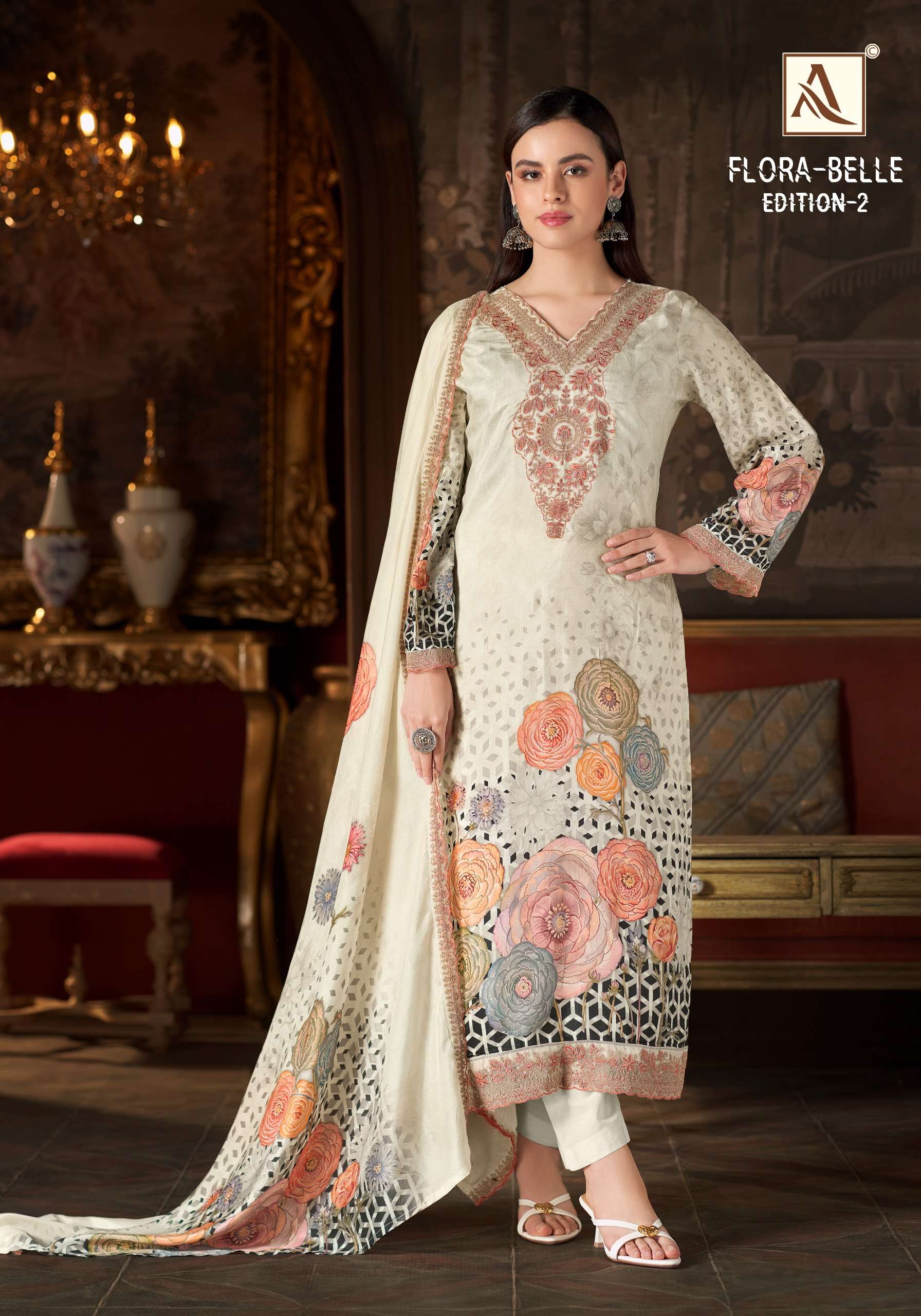 ALOK SUIT FLORA BELLE VOL 2 MASLIN DIGITAL NECK & DAMAN DRESS CATALOGUE SUPPLIER
